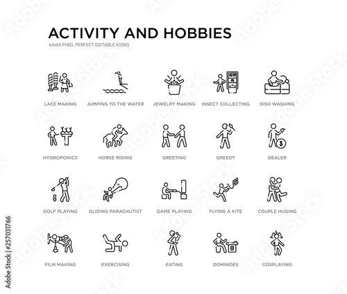 set of 20 line icons such as game playing, gliding parachutist, golf playing, greedy, greeting, horse riding, hydroponics, insect collecting, jewelry making, jumping to the water. activity and