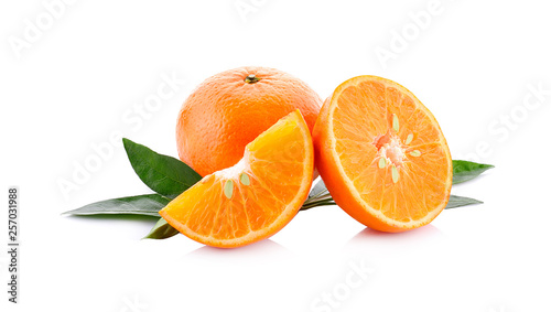 orange and leaves isolated on a white background
