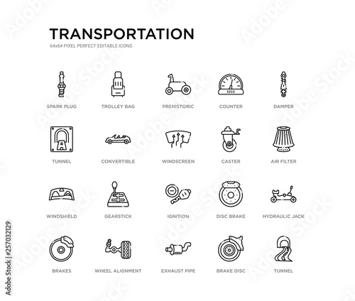 set of 20 line icons such as ignition, gearstick, windshield, caster, windscreen, convertible, tunnel, counter, prehistoric, trolley bag. transportation outline thin icons collection. editable 64x64