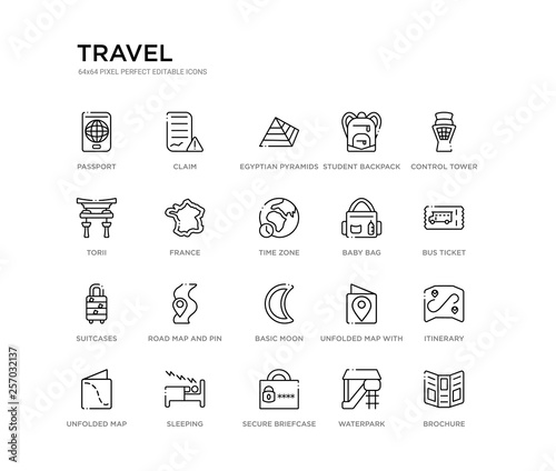 set of 20 line icons such as basic moon, road map and pin, suitcases, baby bag, time zone, france, torii, student backpack, egyptian pyramids, claim. travel outline thin icons collection. editable