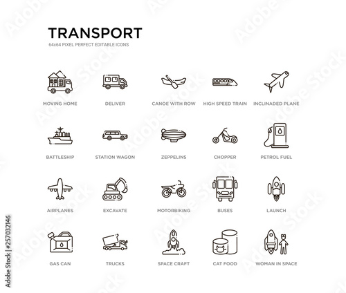 set of 20 line icons such as motorbiking, excavate, airplanes, chopper, zeppelins, station wagon, battleship, high speed train, canoe with row, deliver. transport outline thin icons collection.