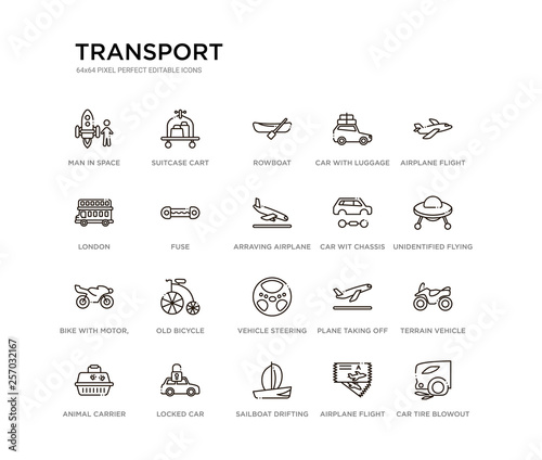 set of 20 line icons such as vehicle steering wheel, old bicycle, bike with motor, ios 7 interface, car wit chassis, arraving airplane, fuse, london, car with luggage, rowboat, suitcase cart.