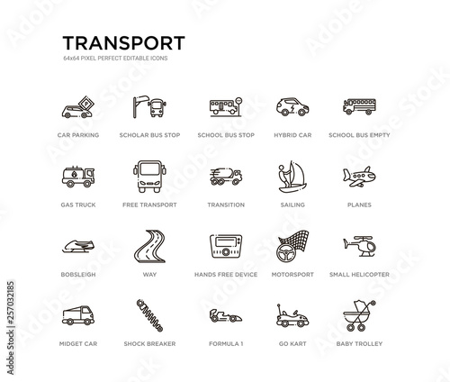set of 20 line icons such as hands free device, way, bobsleigh, sailing, transition, free transport, gas truck, hybrid car, school bus stop, scholar bus stop. transport outline thin icons