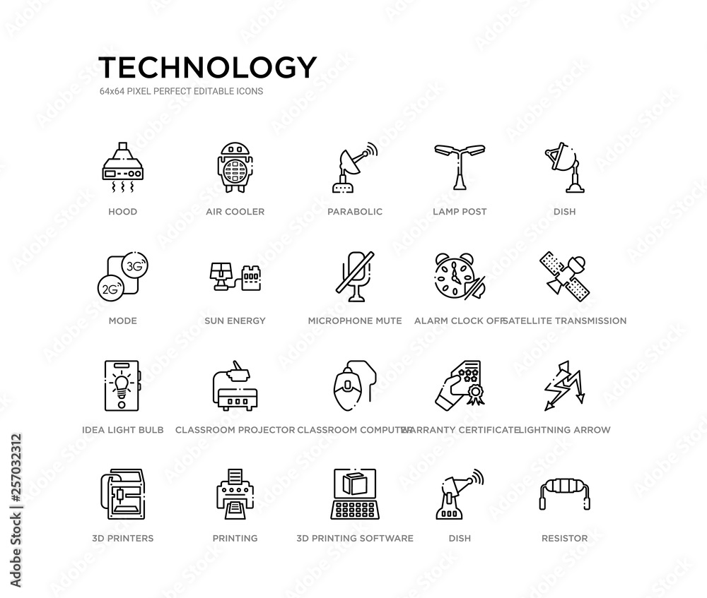 set of 20 line icons such as classroom computer mouse, classroom projector, idea light bulb, alarm clock off, microphone mute, sun energy, mode, lamp post, parabolic, air cooler. technology outline