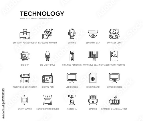 set of 20 line icons such as lcd screen, digital pen, telephone connector, portable scanner, inclined pendrive, big light bulb, big chip, security cam, old mic, satellite in orbit. technology
