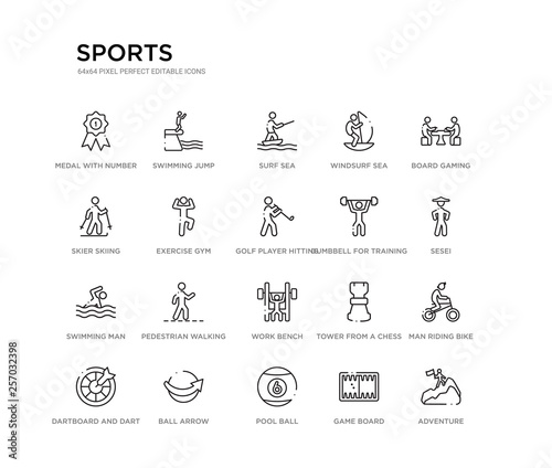 set of 20 line icons such as work bench, pedestrian walking, swimming man, dumbbell for training, golf player hitting, exercise gym, skier skiing, windsurf sea, surf sea, swimming jump. sports