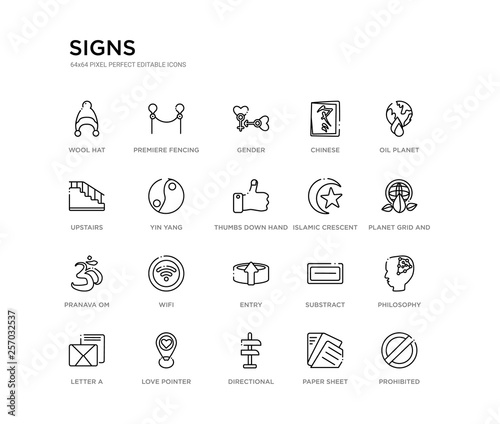 set of 20 line icons such as entry, wifi, pranava om, islamic crescent with small star, thumbs down hand, yin yang, upstairs, chinese, gender, premiere fencing. signs outline thin icons collection.
