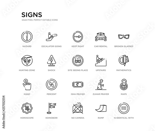 set of 20 line icons such as isha prayer, percent, hand, upstairs, site seeing place, shock, hunting zone, car rental, keep right, escalator going down. signs outline thin icons collection. editable
