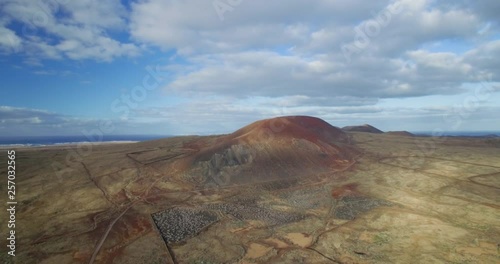 Aerial drone shot of volcanic mountain in Fuerteventura.