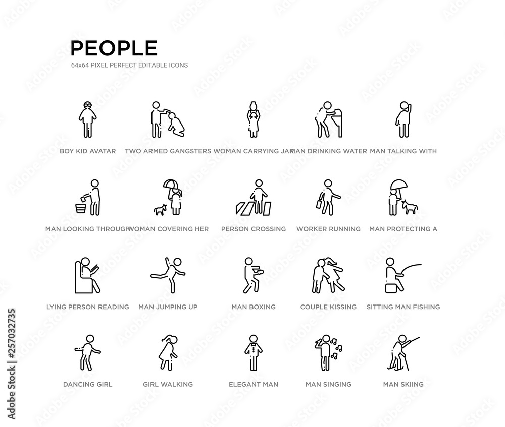 set of 20 line icons such as man boxing, man jumping up, lying person reading, worker running, person crossing street on crosswalk, woman covering her pet with an umbrella, man looking through the