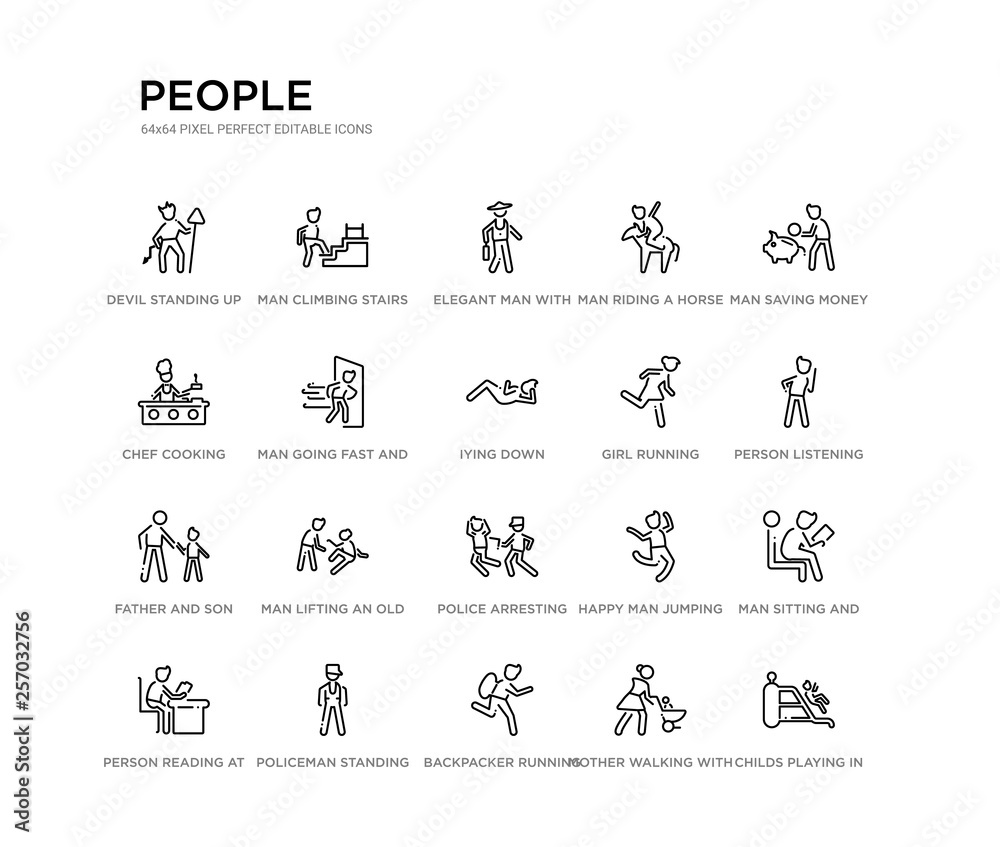 set of 20 line icons such as police arresting man, man lifting an old man, father and son, girl running, iying down, going fast and with force against a door, chef cooking, riding a horse, elegant set of 20 line icons such as police arresting man, man lifting an old man, father and son, girl running, iying down, going fast and with force against a door, chef cooking, riding a horse, elegant