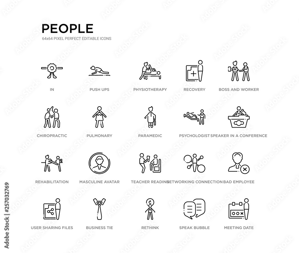 set of 20 line icons such as teacher reading, masculine avatar, rehabilitation, psychologist, paramedic, pulmonary, chiropractic, recovery, physiotherapy, push ups. people outline thin icons