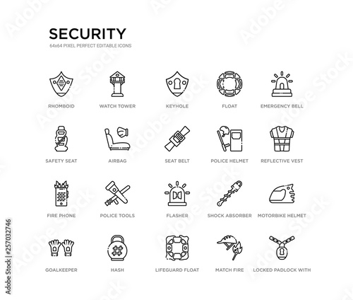 set of 20 line icons such as flasher, police tools, fire phone, police helmet, seat belt, airbag, safety seat, float, keyhole, watch tower. security outline thin icons collection. editable 64x64