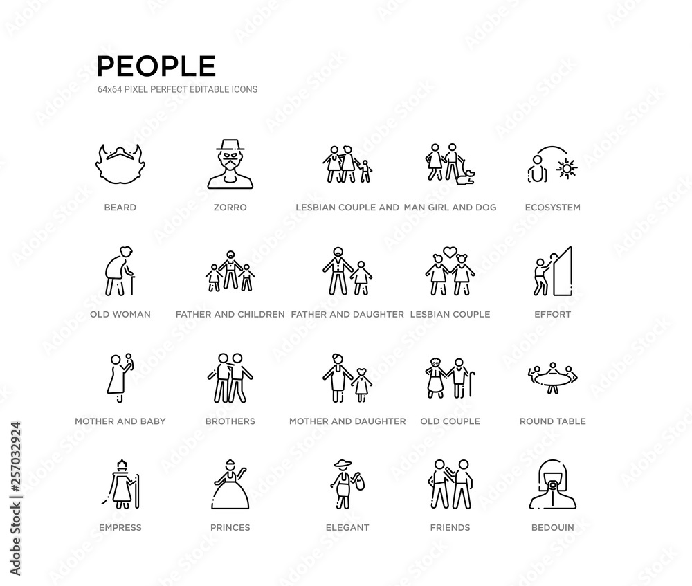 set of 20 line icons such as mother and daughter, brothers, mother and baby, lesbian couple, father and daughter, father children, old woman, man girl dog, lesbian couple son, zorro. people outline