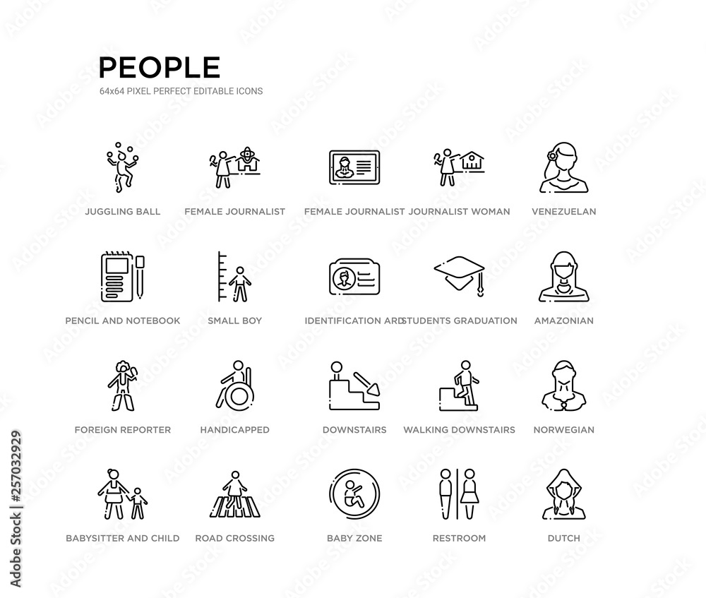 set of 20 line icons such as downstairs, handicapped, foreign reporter, students graduation hat, identification ard, small boy, pencil and notebook, journalist woman talking about culture, female set of 20 line icons such as downstairs, handicapped, foreign reporter, students graduation hat, identification ard, small boy, pencil and notebook, journalist woman talking about culture, female