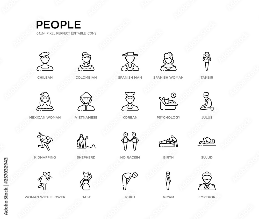 set of 20 line icons such as no racism, shepherd, kidnapping, psychology, korean, vietnamese, mexican woman, spanish woman, spanish man, colombian. people outline thin icons collection. editable set of 20 line icons such as no racism, shepherd, kidnapping, psychology, korean, vietnamese, mexican woman, spanish woman, spanish man, colombian. people outline thin icons collection. editable
