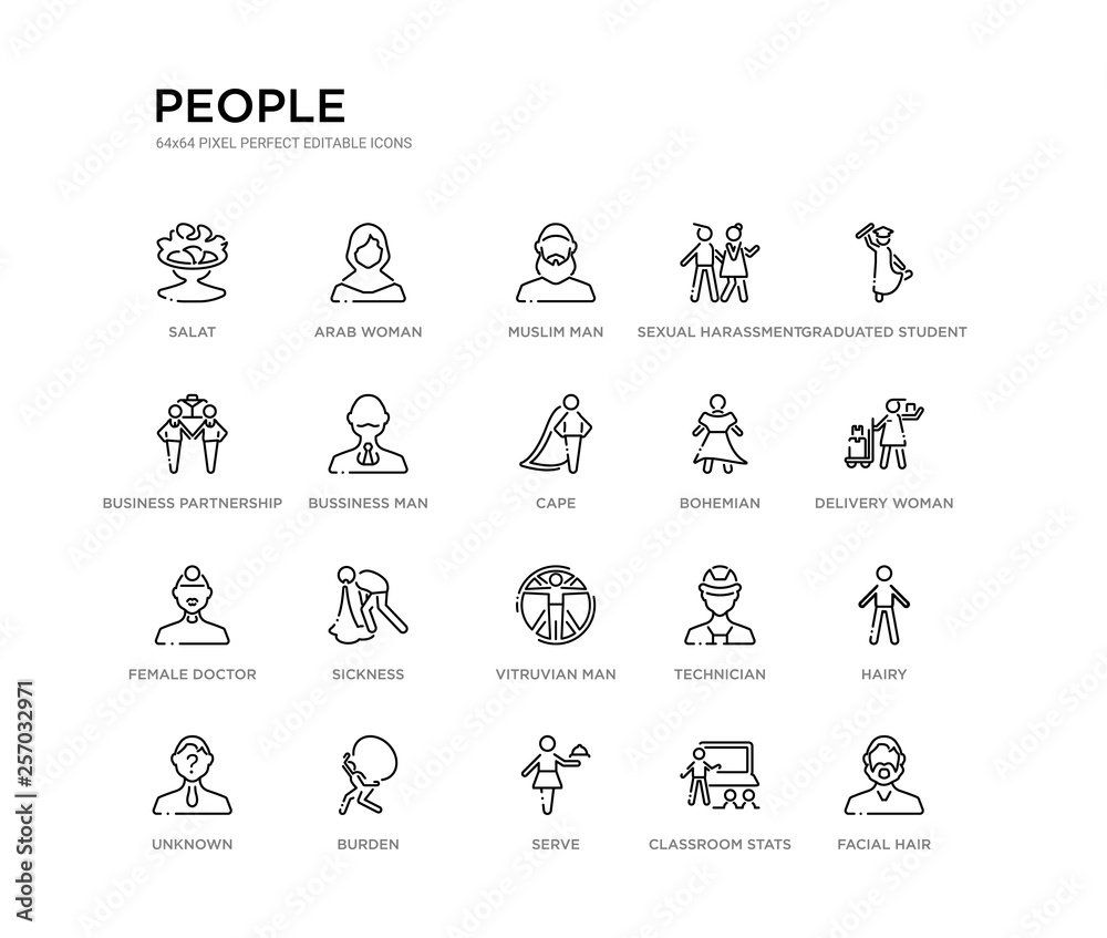 set of 20 line icons such as vitruvian man, sickness, female doctor, bohemian, cape, bussiness man, business partnership, sexual harassment, muslim man, arab woman. people outline thin icons