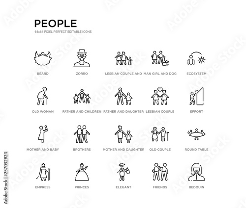 set of 20 line icons such as mother and daughter, brothers, mother and baby, lesbian couple, father and daughter, father children, old woman, man girl dog, lesbian couple son, zorro. people outline
