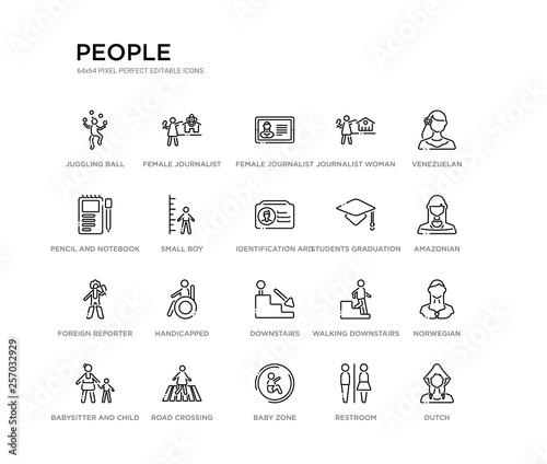 set of 20 line icons such as downstairs, handicapped, foreign reporter, students graduation hat, identification ard, small boy, pencil and notebook, journalist woman talking about culture, female