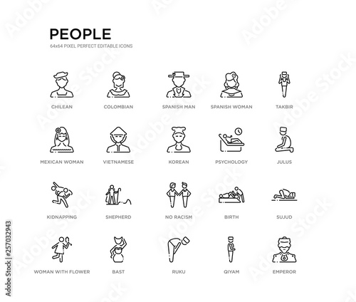 set of 20 line icons such as no racism  shepherd  kidnapping  psychology  korean  vietnamese  mexican woman  spanish woman  spanish man  colombian. people outline thin icons collection. editable