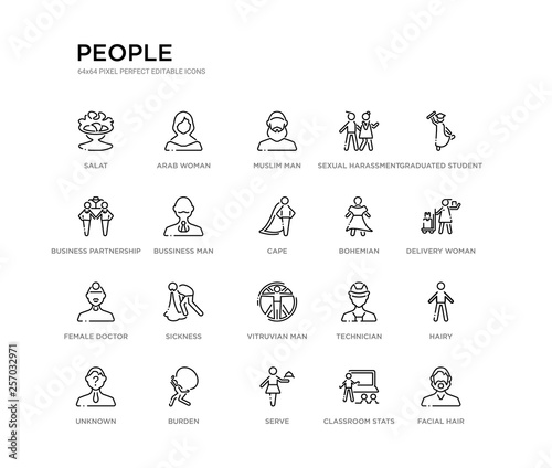 set of 20 line icons such as vitruvian man, sickness, female doctor, bohemian, cape, bussiness man, business partnership, sexual harassment, muslim man, arab woman. people outline thin icons