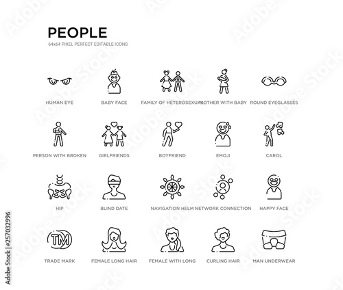 set of 20 line icons such as navigation helm, blind date, hip, emoji, boyfriend, girlfriends, person with broken arm, mother with baby in arms, family of heterosexual couple, baby face. people