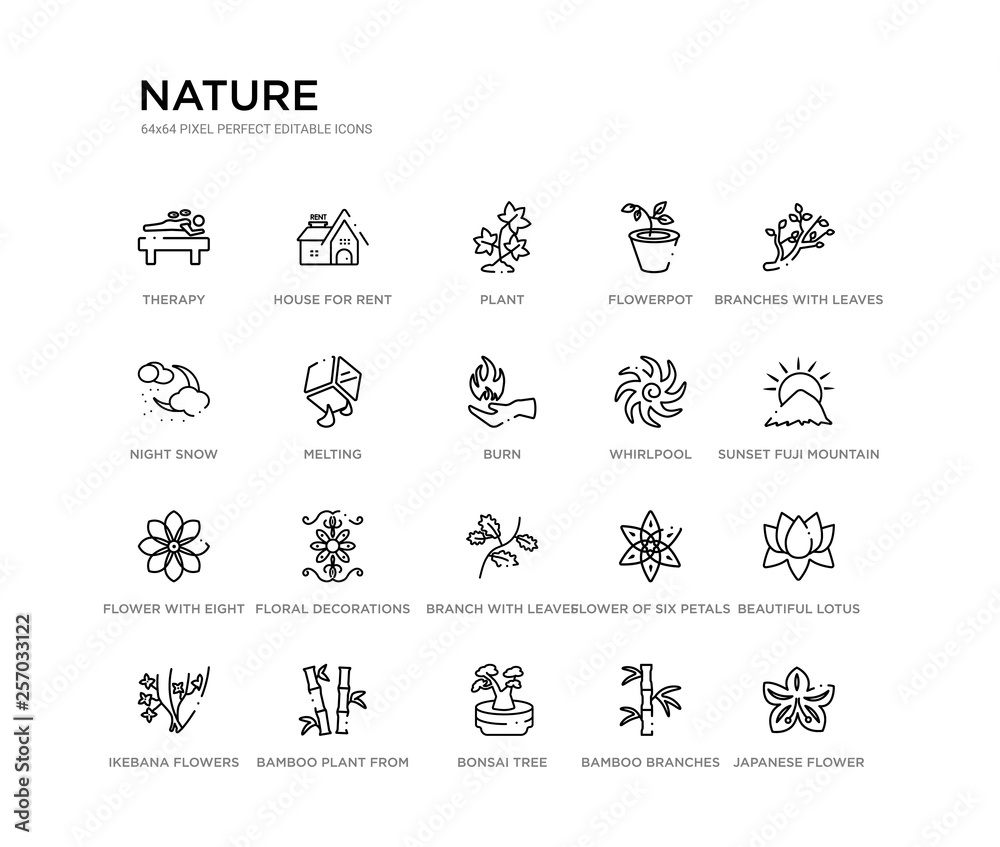 set of 20 line icons such as branch with leaves, floral decorations, flower with eight petals, whirlpool, burn, melting, night snow, flowerpot, plant, house for rent. nature outline thin icons
