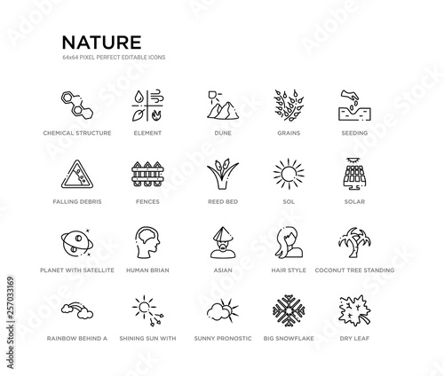 set of 20 line icons such as asian, human brian, planet with satellite, sol, reed bed, fences, falling debris, grains, dune, element. nature outline thin icons collection. editable 64x64 stroke
