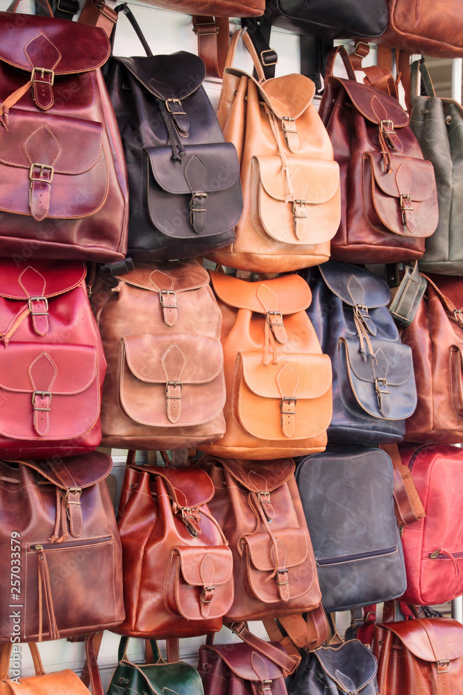 Many leather bags for sale at Athens flea market (Monastiraki) Stock Photo  | Adobe Stock