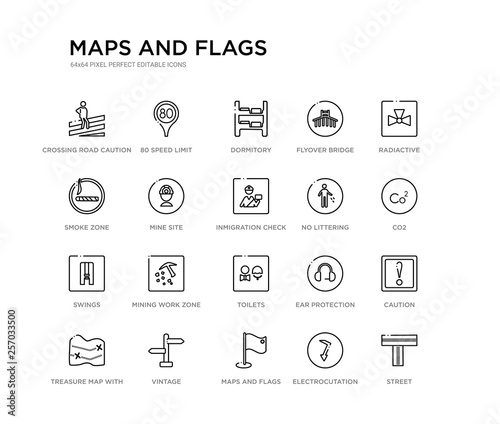 set of 20 line icons such as toilets, mining work zone, swings, no littering, inmigration check point, mine site, smoke zone, flyover bridge, dormitory, 80 speed limit. maps and flags outline thin