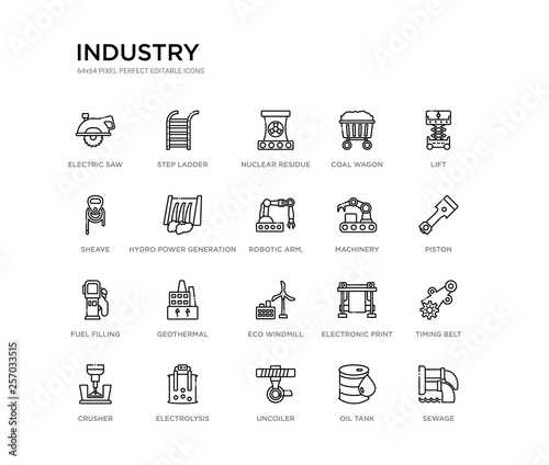 set of 20 line icons such as eco windmill, geothermal, fuel filling, machinery, robotic arm,, hydro power generation, sheave, coal wagon, nuclear residue, step ladder. industry outline thin icons