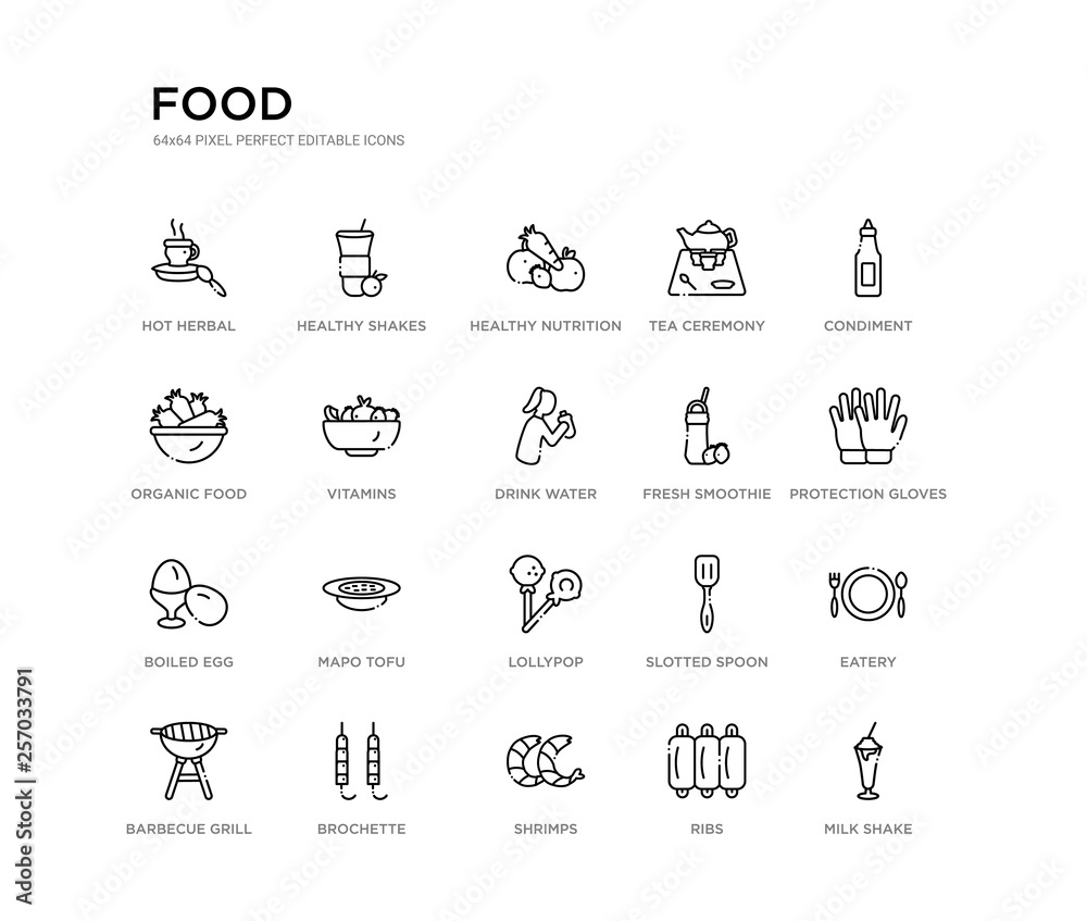 set of 20 line icons such as lollypop, mapo tofu, boiled egg, fresh smoothie, drink water, vitamins, organic food, tea ceremony, healthy nutrition, healthy shakes. food outline thin icons