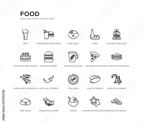 set of 20 line icons such as two eggs, hot chilli pepper, sushi and chopsticks, triangular pizza slice, warm black mug, double burger, cake with one candle, sake, rice bowl, hamburger and drink.