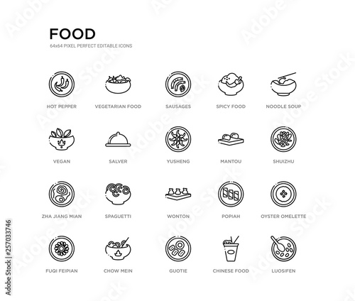 set of 20 line icons such as wonton, spaguetti, zha jiang mian, mantou, yusheng, salver, vegan, spicy food, sausages, vegetarian food. food outline thin icons collection. editable 64x64 stroke photo