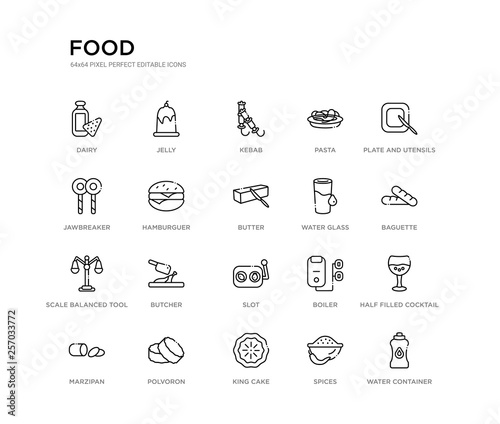 set of 20 line icons such as slot, butcher, scale balanced tool, water glass, butter, hamburguer, jawbreaker, pasta, kebab, jelly. food outline thin icons collection. editable 64x64 stroke
