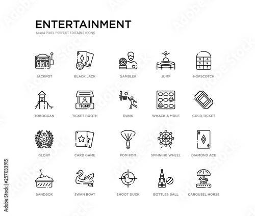 set of 20 line icons such as pom pom, card game, glory, whack a mole, dunk, ticket booth, toboggan, jump, gambler, black jack. entertainment outline thin icons collection. editable 64x64 stroke