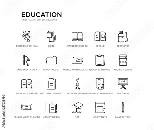 set of 20 line icons such as microphone with stand, written clipboard, book with marker, blank clipboard, agenda with bookmarks, black folder, experiment flask leaves, binding, hardbound book, 3d