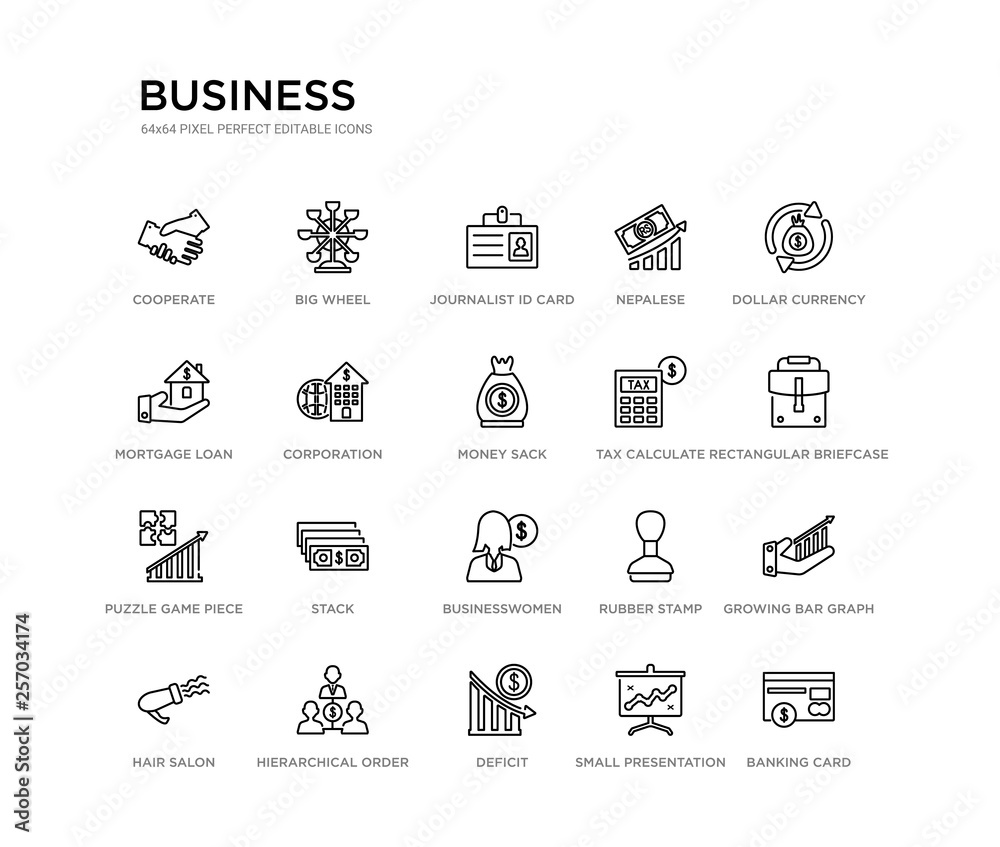 set of 20 line icons such as businesswomen, stack, puzzle game piece, tax calculate, money sack, corporation, mortgage loan, nepalese, journalist id card, big wheel. business outline thin icons