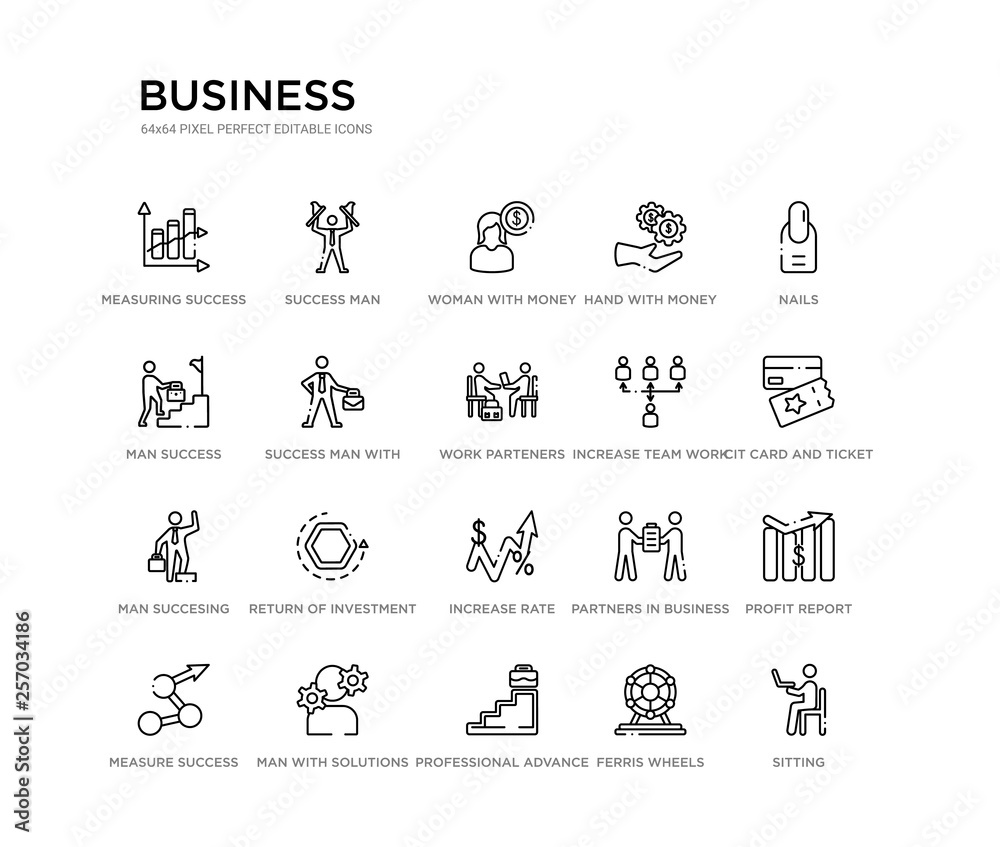 set of 20 line icons such as increase rate, return of investment, man succesing, increase team work, work parteners, success man with suitcase, man success, hand with money gear, woman with money,