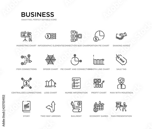set of 20 line icons such as numbe information, loss chart, centralized connections, smooth line chart, pie chart and connections, spider item connections, portion pie connection box infographic
