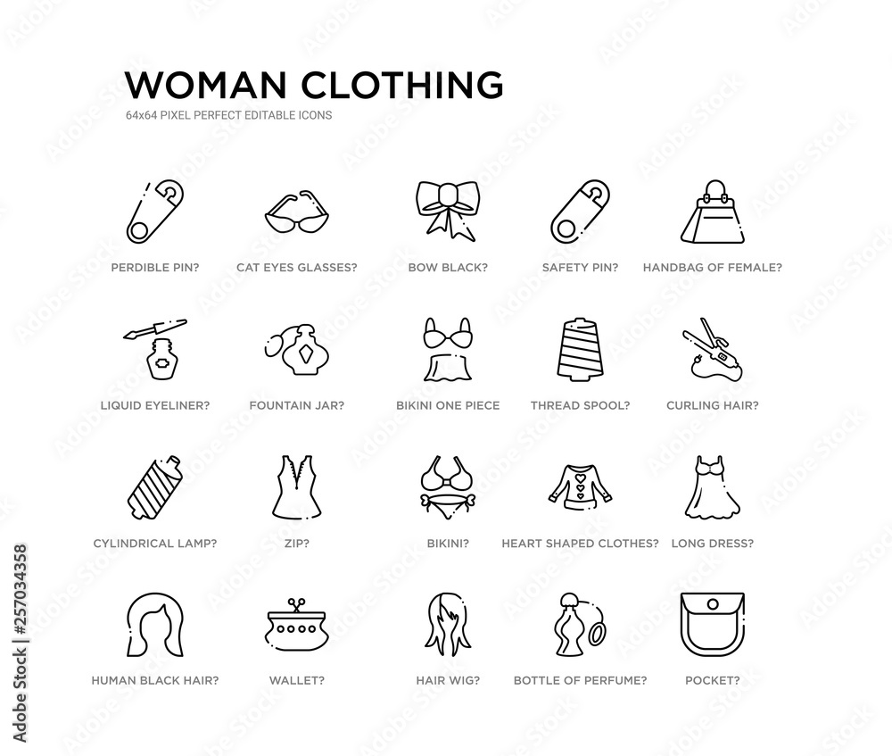 set of 20 line icons such as bikini?, zip?, cylindrical lamp?, thread spool?, bikini one piece swimwear?, fountain jar?, liquid eyeliner?, safety pin?, bow black?, cat eyes glasses?. woman clothing