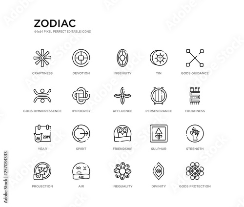 set of 20 line icons such as friendship, spirit, year, perseverance, affluence, hypocrisy, gods omnipressence, tin, ingenuity, devotion. zodiac outline thin icons collection. editable 64x64 stroke