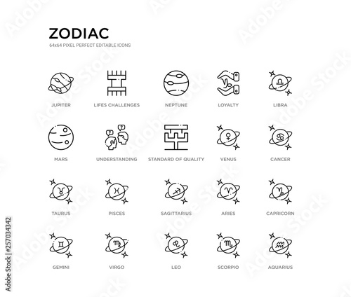 set of 20 line icons such as sagittarius, pisces, taurus, venus, standard of quality, understanding, mars, loyalty, neptune, lifes challenges. zodiac outline thin icons collection. editable 64x64