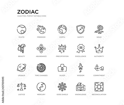 set of 20 line icons such as silver, time changes, uranus, excellence, precipitation, abundance, beauty, safety, earth, freedom. zodiac outline thin icons collection. editable 64x64 stroke