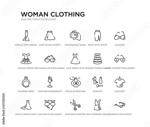 set of 20 line icons such as circular perfume bottle?, couture mannequin?, diamond ring?, sewing thimble black variant?, lace dress with belt?, rectangular eyeglasses?, female dress?, skirt with