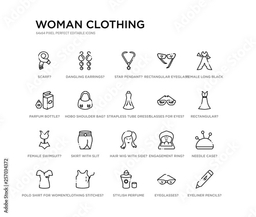 set of 20 line icons such as hair wig with side?, skirt with slit and belt?, female swimsuit?, glasses for eyes?, strapless tube dress?, hobo shoulder bag?, parfum bottle?, rectangular eyeglass