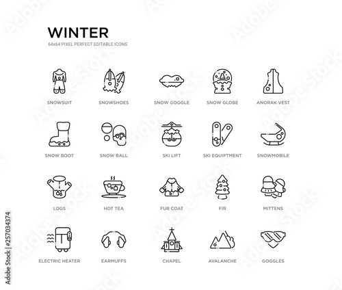 set of 20 line icons such as fur coat, hot tea, logs, ski equiptment, ski lift, snow ball, snow boot, snow globe, goggle, snowshoes. winter outline thin icons collection. editable 64x64 stroke