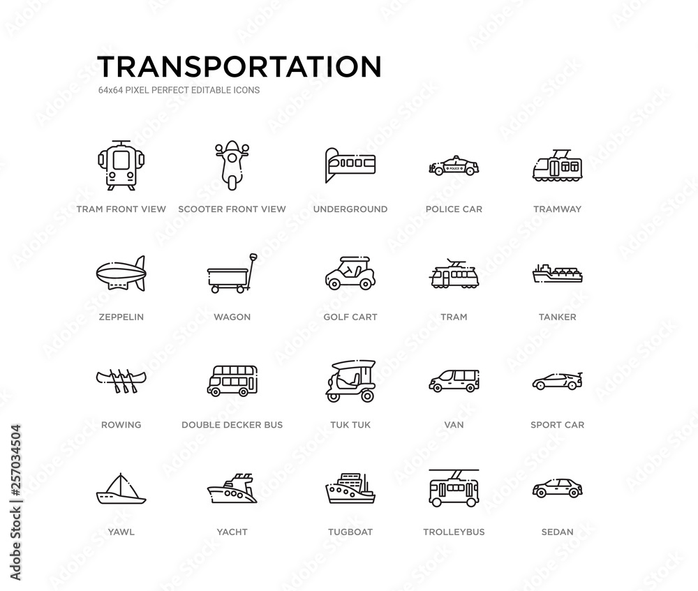 set of 20 line icons such as tuk tuk, double decker bus, rowing, tram ...