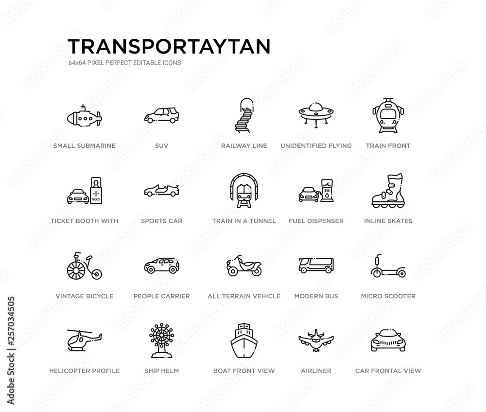 set of 20 line icons such as all terrain vehicle, people carrier, vintage bicycle, fuel dispenser, train in a tunnel, sports car, ticket booth with cross, unidentified flying object, railway line, set of 20 line icons such as all terrain vehicle, people carrier, vintage bicycle, fuel dispenser, train in a tunnel, sports car, ticket booth with cross, unidentified flying object, railway line,