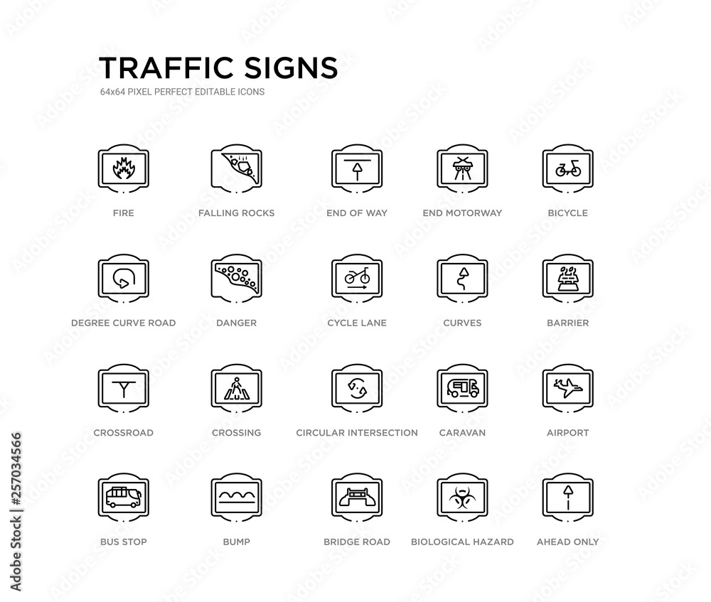 set of 20 line icons such as circular intersection, crossing, crossroad, curves, cycle lane, danger, degree curve road, end motorway, end of way, falling rocks. traffic signs outline thin icons